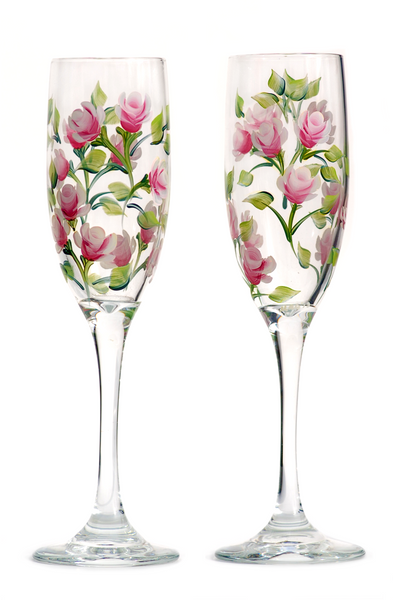 White Vintage Rose Hand Painted Champagne Flutes - 2 Flutes – A Wincy Glass  N Design